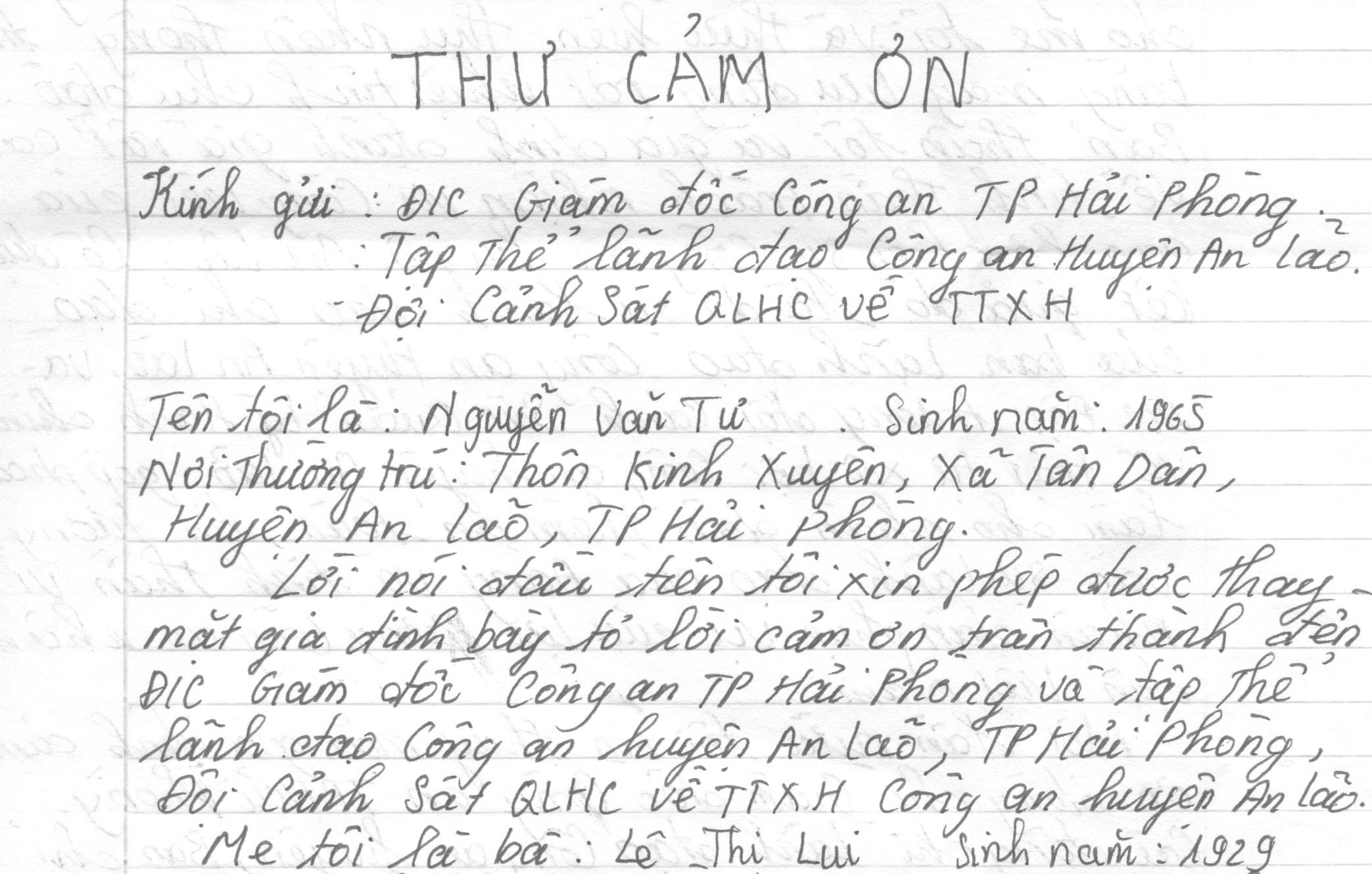 Ông Nguyễn Xuân Tư cảm ơn Công an huyện An Lão hỗ trợ, giúp đỡ cấp căn cước công dân cho mẹ già yếu, không đi lại được